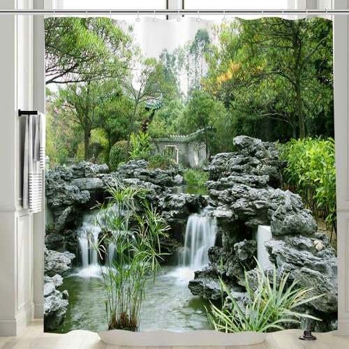 Vgzsyomqib 3D Garden Shower Curtain Outdoor Fence Wet Room Waterproof Anti Mould Fabric Extra Wide 240 x 200 cm Picture Green Trees Outside Scene Bathroom Curtains Set with Hooks