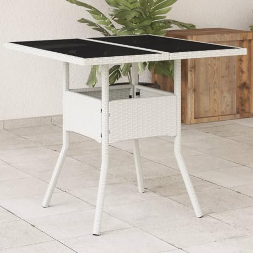 Fasba Gartentisch mit Glasplatte Weiß 80x80x75 cm Poly Rattan, Esstisch, Terrassentisch