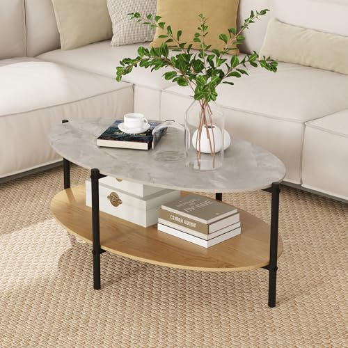 GIANTEX Mesa de Centro 2 Niveles, Mesa de Salón Ovalada con Tablero de Mármol Sintético, Estante Abierto y Marco de Metal Robusto, 105 x 65 x 43 cm, para Salón, Oficina