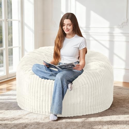 HABUTWAY 3FT Bean Bag Chair, 3' Large Bean Bag Chairs for Adults with Stripe Plush Cover, Memory Foam Beanbag Chair for Living Room Bedroom Dorm，White