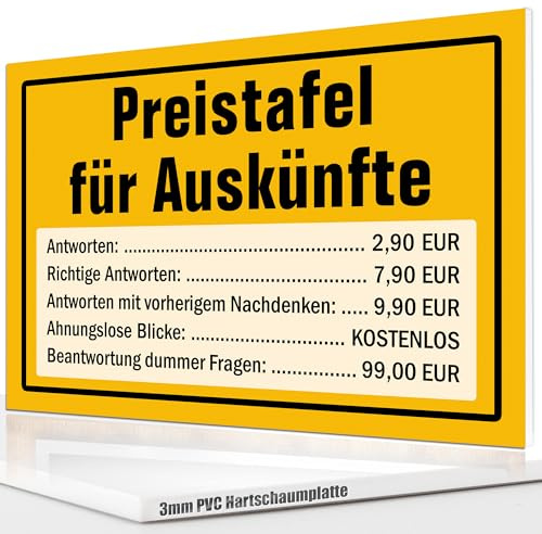 Preistafel für Auskünfte Schild 20x30, Lustiges Spruchschild - Türschild | Lustige Geschenkidee | Wanddeko Spruch lustig, ideales Geburtstagsgeschenk - Lustiges Spruchschild, Partydeko Geschenk (Gelb)