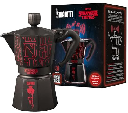 Bialetti Moka Express Stranger Things – Cafetière italienne 6 tasses (270 ml), bouton musical avec recharge USB-C, non compatible induction, noir