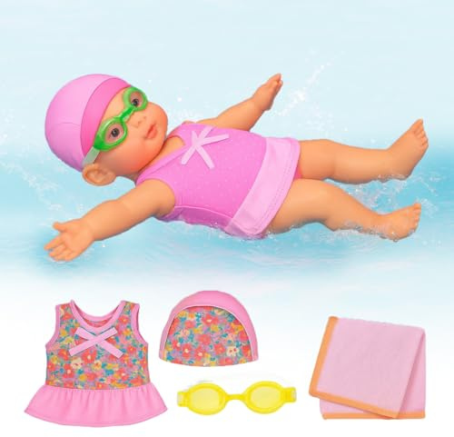 Toyana Swimming Doll - 15 Inch, Lifelike Floating Baby Born Doll with Moving Arms & Legs Bath Tub & Pool Toy, Cute Removable 2 Costumes, Waterproof Swim Doll for Bathtime Play Fun Gift Toy