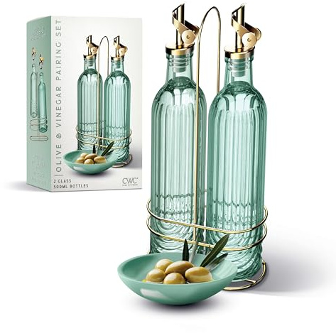 COOK WITH COLOR Glass Olive Oil Bottle Dispenser - 2 Pack- 17oz Oil and Vinegar Cruet - Olive Oil Carafe Decanter for Kitchen, Elegant Fluted, Green