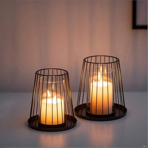Sziqiqi Windlicht Kerzenständer Schwarz Deko: Modern Kerzenständer Stumpenkerzen Windlicht Outdoor für Wohnzimmer Tischdeko - 2er Set Kerzenhalter Metall Draht für Balkon Schlafzimmer Weihnachten