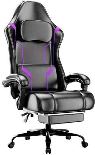 Silla de oficina ergonómica para oficina en casa con reposacabezas ajustable, silla de ordenador con respaldo alto con ruedas y patas de acero, silla (Cuero sintético, Violeta & Negro, Tamaño grande)