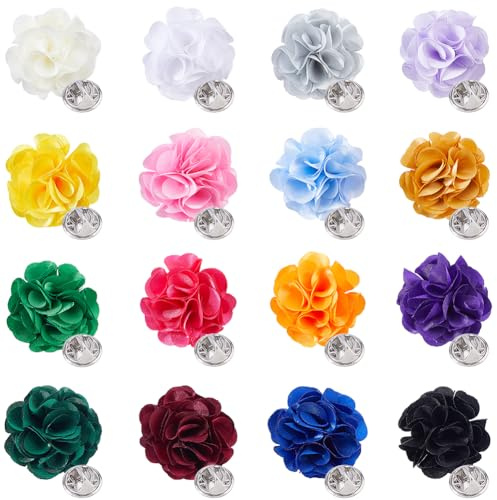 Hobbspring 16 Stück Reversblumen Für Anzüge 16 Farben Handgefertigte Satinblume Boutonnière Formelle Blumenbrosche Button Anstecknadel Für Damen Herren Hochzeit Brautjungfern Kleidung Accessoires