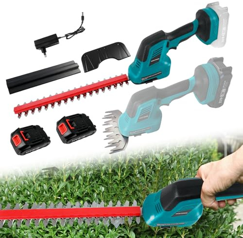 2-in-1 Akku-Heckenschere, elektrische Hand-Grasschere mit 2 x 2000-mAh-Akkus und Ladegerät, Heckenschneider für Gartenpflege, Rasentrimmen und Baumschnitt
