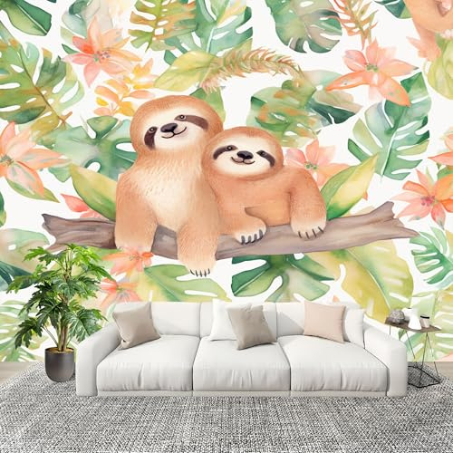 Papel Pintado Panorámico 250x175 cm Animales Perezoso Pintura De Acuarela Personalizable Fotomurales No Tejido Póster Pared Decoración Verde 3D Duradero y Resistente a las manchas Fotomurales