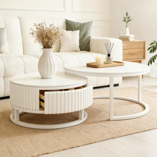 SeraphicCharm 2er Set Rund Couchtisch Weiss Mit Stauraum Rund Wohnzimmertisch Weiß Mit Schublade Modern Runder Couchtisch Marmor Couchtische Ausziehbar Couch Tisch Wohnzimmer Für Couch