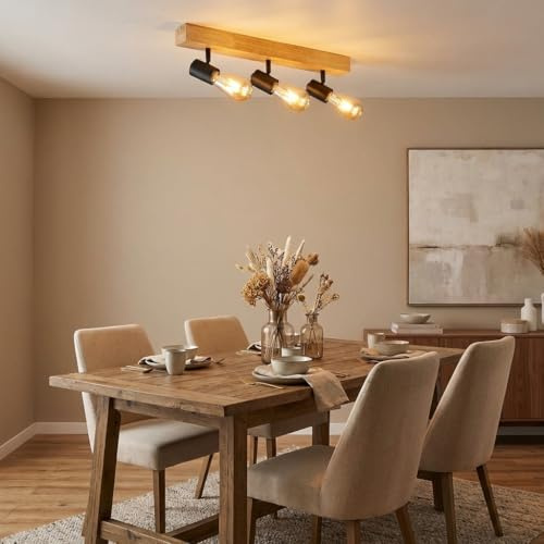 Alpinaluz Lámpara de Techo de Madera con 3 Focos Orientables E27 – Regleta Lineal 50 cm con Portalámparas Negros, Iluminación Direccional para Salón, Cocina o Pasillo