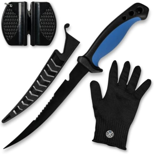 LMAB Filetiermesser Set - Filetier-Set aus Messer, Messer-Schärfer und Filetier-Handschuh
