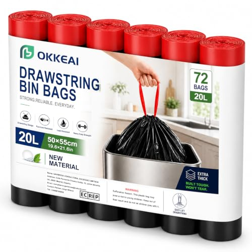 Bolsas de basura de 20 litros, color negro, paquete de 72 bolsas pequeñas con asas, resistentes a fugas, bolsas de eliminación de residuos duraderas, adecuadas para baño e interiores pequeños