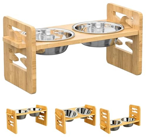 Raised Dog Bowls with Adjustable Bamboo Stand, 2 Stainless Steel Bowls, 4 Height & Angle Settings, Non-Slip for Small Dogs
