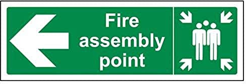 VSafety Fire Assembly Point Sign with Left Arrow - Durable 2mm Rigid Plastic Fire for Emergency Exits - Green & White Design - Landscape Safety Sign, 300mm x 100mm - Meets EN ISO Standards