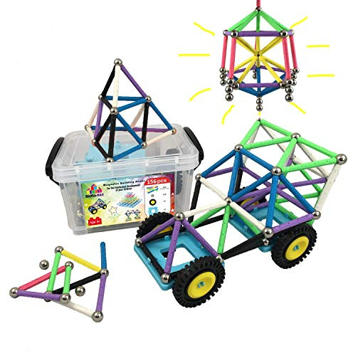 Magnetische Bausteine │ 156 Stück: großer Sticks mit starken Magneten, Stahlkugeln und Autoräder + starke Lagerung Kunststoff-Box│ Großes kreatives Geschenk für Jungen und Mädchen ab 3 Jahre alt