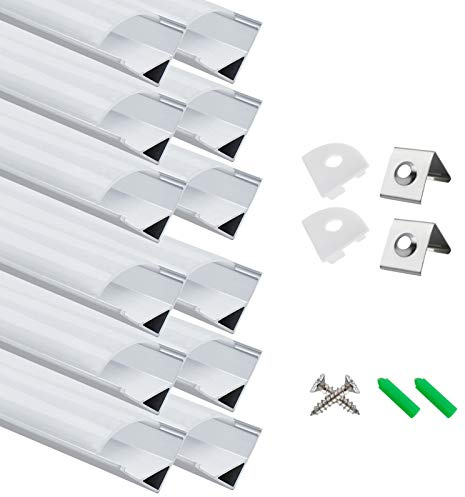 LightingWill 12-Pack LED Aluminum Profile, 3.3ft/1Meter LED Aluminum Channel Silver V-Shape LED Diffuser with Milky White Cover, End Caps and Mounting Clips for LED Strip Lights
