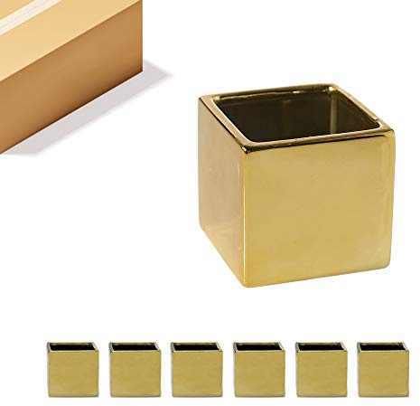 WGV Ceramic Cube Vase Bulk Width 5.5 Height 5 (Fits 5 Pot) Elegant Modern Block Square Floral Planter Terrarium Container Table Dresser for Event Accent Home Office Decor Gold 6 Pieces