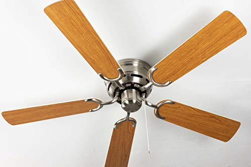 PEPEO - Kisa Deckenventilator ohne Beleuchtung | Ventilator mit Zugschalter in Silber mit Wendeflügeln in Weiß und Ahorn-Holzoptik, Durchmesser 105 cm. (Farbe: Nickel gebürstet, Weiß/Ahorn)