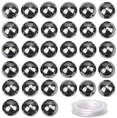 80Pcs Natural Crystal Beads Stone Gemstone Round Loose Energy Healing Beads with Free Crystal Stretch Cord for Jewelry Making (Hematite, 10mm)