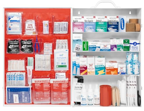 MFASCO Commercial Wall Mount 4 Shelf First Aid Kit - OSHA & ANSI Compliant, Refillable Metal First Aid Cabinet for Businesses, Large First Aid Kit Box for Office and Shop - No Label or Company Logo