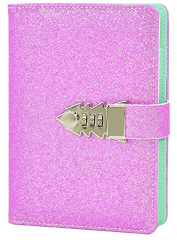 LanSun NectaRoy Lock Journal Lockable Refillable Diary, Writing Notebook Planner Organizer with Combination Lock, Gilliter Cover Travel Journal with Lock, 185x135mm, Gilliter Pink