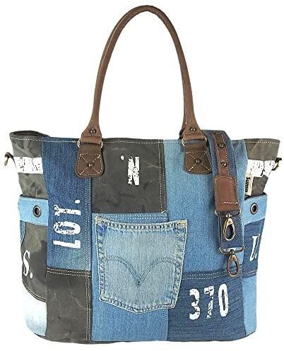 Sunsa Damen Handtasche. XXL Tasche aus Canvas recycelte Jeans & Leder. Nachhaltige Sporttasche/Weekender im Patch Design. Vintage Schultertasche als Geschenkideen für Frauen