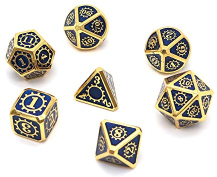 Fasizi Lot de 7 dés polyédriques en métal avec sac de rangement noir pour jeu de rôle Donjons et Dragons D&D Enseignement des mathématiques (engrenage doré et bleu)