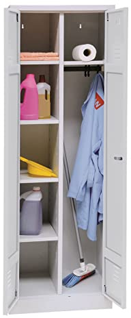 Schrank & Stuhl Mehrzweckschrank | Besenschrank mit Durchgehender Trennwand, Hakenleiste und 7 Fächern 180x60x50, Drehriegelverschluss, komplett montiert, Grau