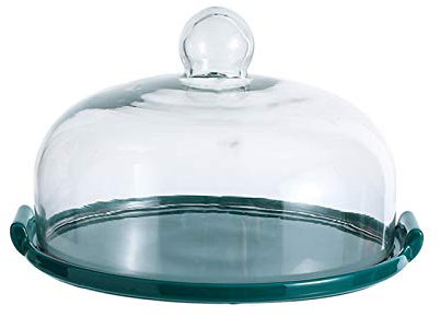ZEELYDE Food Covers,Splatter Covers,Cake Display Container, Green Smooth Double Ear Ceramic Trays And Glass Dome Cover Cheese Dome Pizza Fresh Cover Fruit Cheese Dome