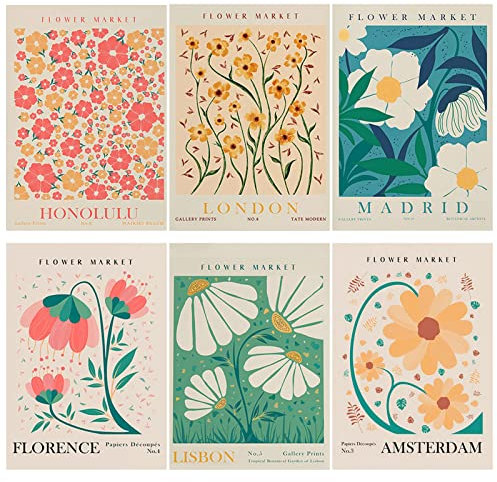 6 Pcs Flower Market Wall Art Prints Matisse Art Poster Decor Unframed Abstract Wall Art Colorful Floral Prints Aesthetic Room Decor Drawing Posters Gallery Wall Decor for Bedroom Bathroom, 8 x 10inch