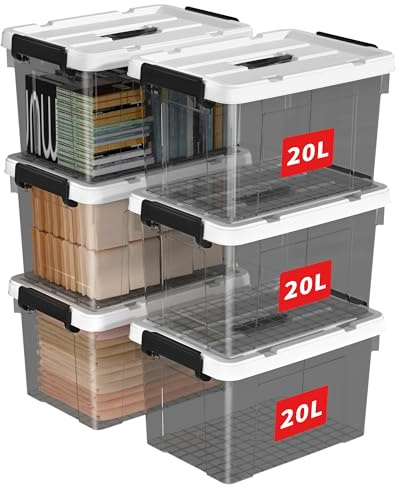 Cetomo 20L*6 Caja de Almacenamiento con Asa, Caja de Plástico con Tapa y Cierre Seguro, Contenedor de Almacenamiento, Duradera, Apilable, Resistentes, Negro Transparente, Paquete de 6 de 20L