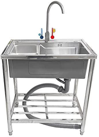 Edelstahlspüle - Freistehende Küchenspüle mit Kalt- und Warmwasserhahn, für Landhaus, Bad, Bar, Waschküche (Tiefe 22cm)