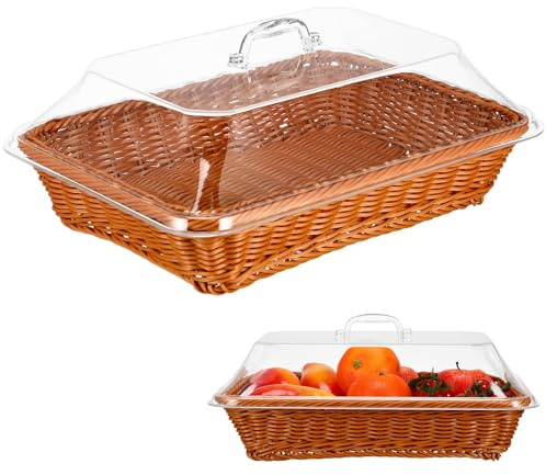 DOITOOL Cesta para el pan de mimbre para servir, cesta para el pan de imitación de ratán con tapa de acrílico, cesta para servir alimentos, mesa trenzada