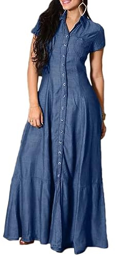 nicticsi Robe Longue Femme Ete Boheme Robe Chic Et Élégant Manches Courtes Maxi Robes Col en V Grande Taille Jeans Robe A Bleu Foncé 3XL