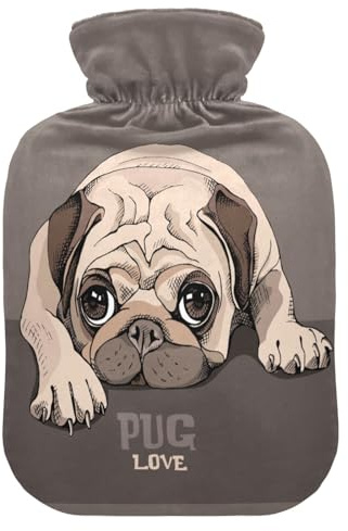 ISAOA Wärmflasche mit süßem Mops, weich, warm, für Winter, Bett, Hand, Hals und Schultern, 2 l, Kaffeebraun
