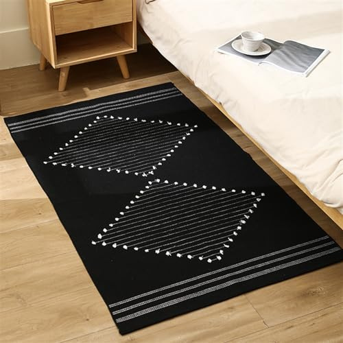 GIBZ Tappeto in Cotone Intrecciato con Fantasia Geometrici Zerbino con Frange Lavabile per Camera Bagno Salotto, Nero, 120x180cm