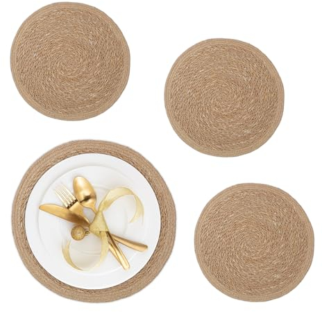 Relaxdays Tovagliette Sottopiatto in Giacinto d'Acqua, Set da 4, Ø 37 cm, Placemat Americane, Sottopentola, Naturale, Fibra vegetale