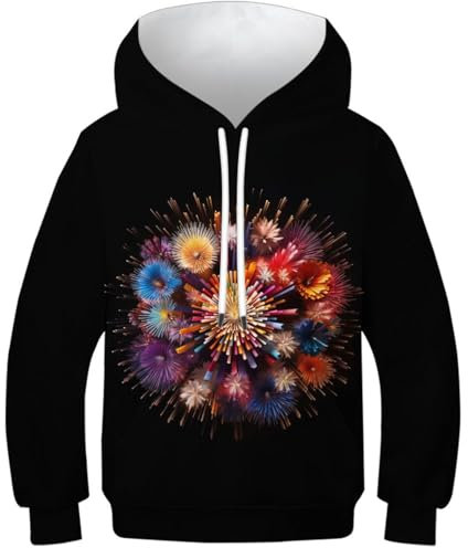 KKOLASXZE 3D Druck Feuerwerk Hoodies KapuzenpulLieber PulLieber Unisex Unisex Langarm PulLieber Sweatshirt Für Jungen Mädchen Mit Tasche 9-11Y