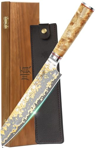 YOUSUNLONG Couteau de Chef Kiritsuke - Lame en acier damassé au cuivre japonais de 210 mm - Tranchant comme un rasoir - Couteau de cuisine fait à la main - Manche en bois de loupe naturelle avec cuir