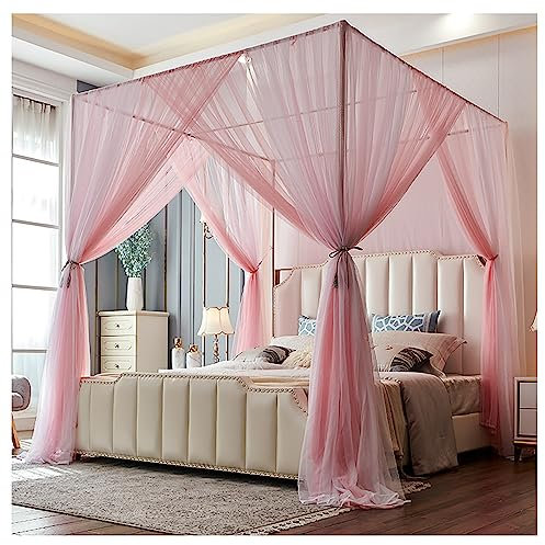 4 Ecken Pfostenbettnetz-Baldachin, Edelstahl-Himmelbettrahmen-Vorhänge, doppelschichtiges Moskitonetz, Bettrahmen-Vorhanghalterungen für Schlafzimmer, Rosa, Queen