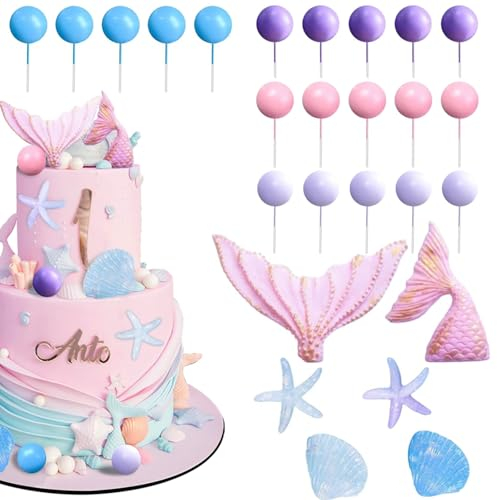 Pink & Purple Mermaid Cake Toppers Kit - Under the Sea Decorations with Mermaid Tail, Seashells & Sea Stars for Kids' Birthday Parties