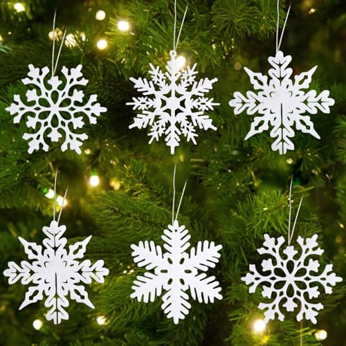 24 Stück Weiße Schneeflocken Deko Anhänger, Weihnachtsbaum Dekoration Anhänge mit Seilenr, Funkelnde -Weihnachtsbaumschmuck für Feiern, Partys, Hochzeiten, zum Schmücken von Weihnachtsbäumen, Fenstern