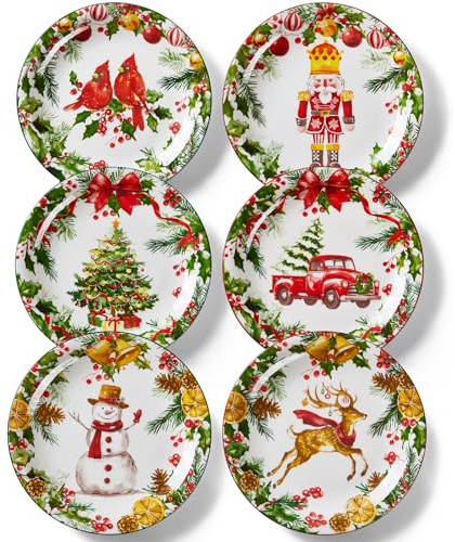 Metahom Christmas Dinner Plates, 10 Inch Ceramic Serving Plate Set for Pasta, Steak, Salads, Dishwasher and Microwave Safe, Christmas Dinnerware Set of 6