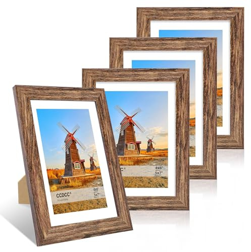ccdcc 5x7 Picture Frame Set of 4, 5 x 7 Wood Photo Frames with Mat for 4x6, Natural Wooden Frame with Real Glass Cover for Wall and Tabletop Display,Rustic Brown