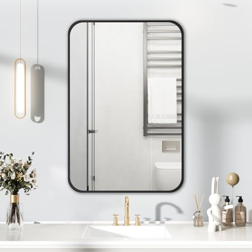 HIGHBATH Black Frame Mirror 60x80cm, Large Bathroom Wall Mirror, Rectangular Bathroom Modern Wall Mounted Mirrors Hanging Horizontal/Vertica