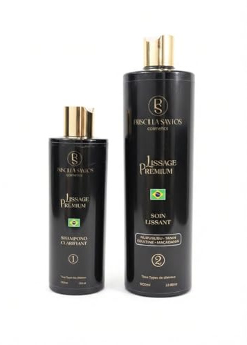 Lissage Premium - Kit Lissage Brésilien 3 en 1 - lisse, hydrate et reconstruit - Sans formol 1000ml de soin lissant + 500ml de shampoing clarifiant