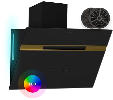 Klarstein Alina Wall Cooker Hood - 60cm Wall-Mounted Kitchen Extractor, 600 m³/h Air Flow, Touch Control, A Energy Efficiency, 9-Colour LED Lighting, Quiet 52 dB, Black-Gold