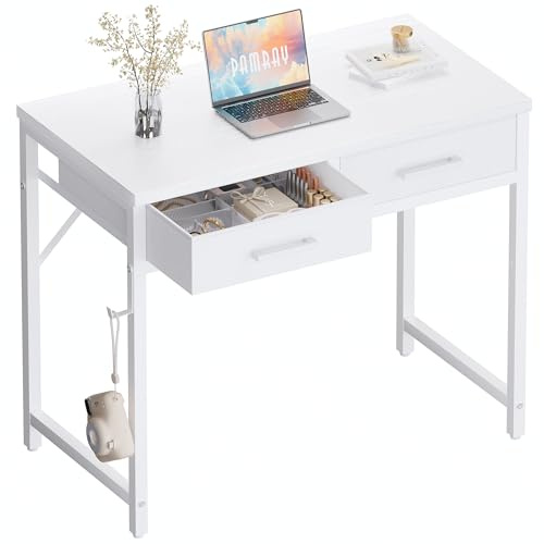 PAMRAY 80cm Small Computer Desk with 2 Drawers for Bedroom Study Writing Home Office Table for Small Spaces White