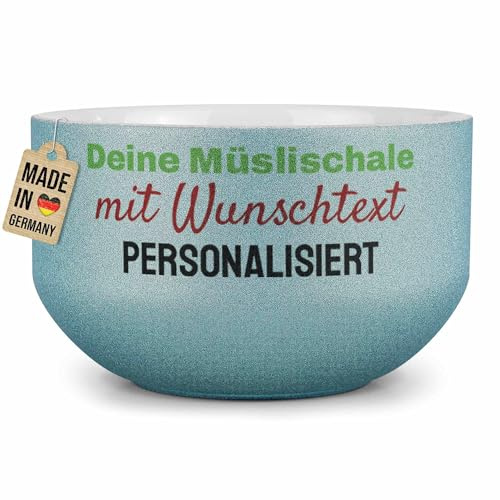 Print Royal PR Glitzer Müslischale mit Name oder Text selbst gestalten - Personalisierte Schüssel bedrucken - Individuelle Fotogeschenke zum Geburtstag, Weihnachten - Keramik, Blau 500 ml